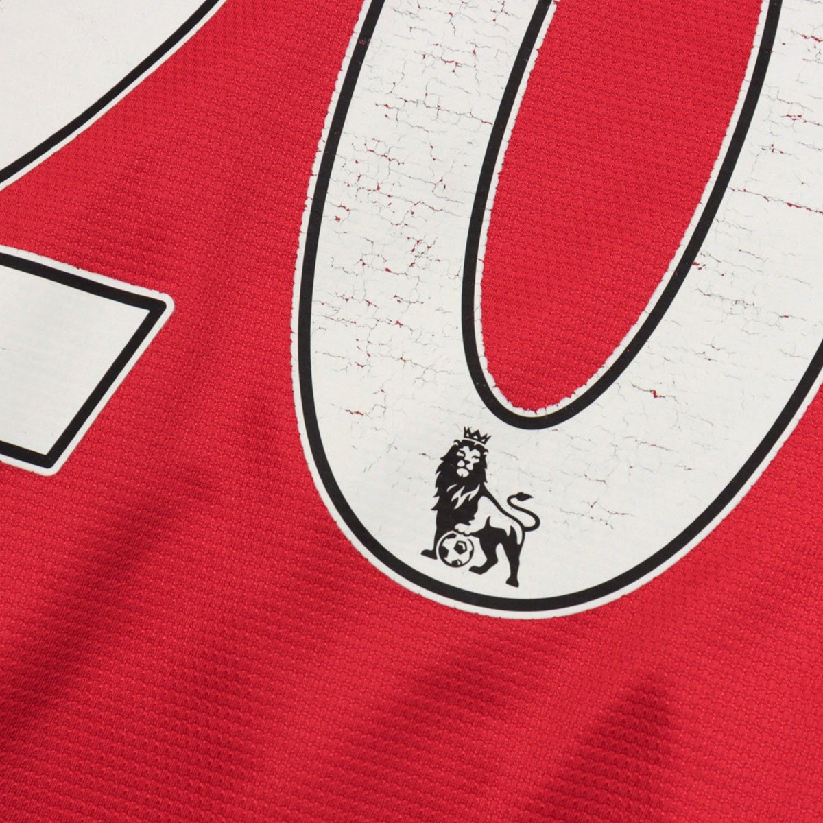 Close-up of the number 20 showing a Premier League lion badge
