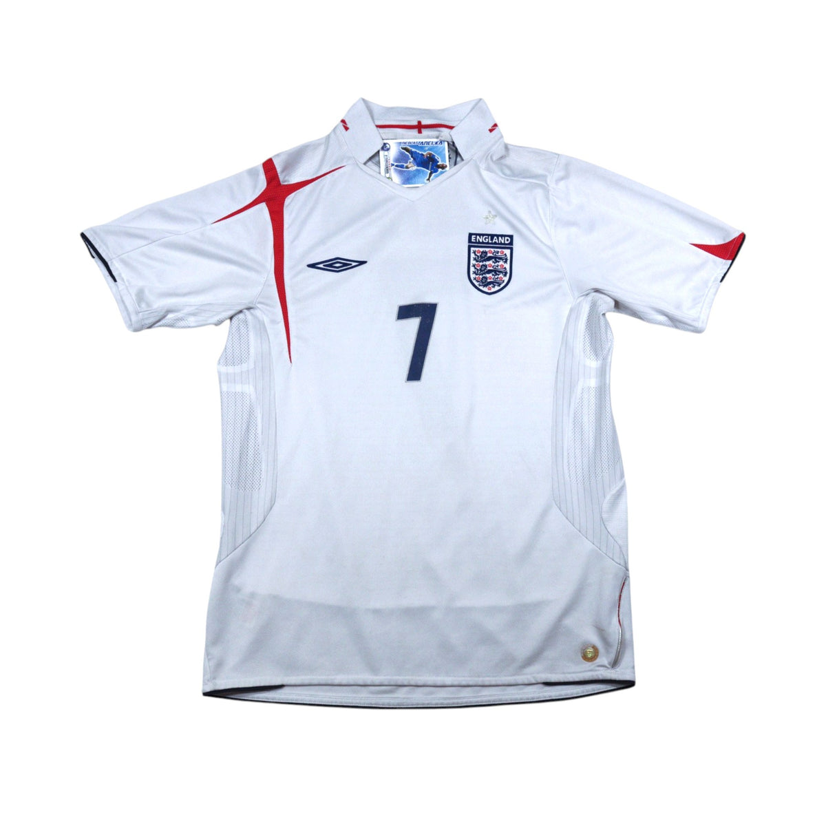 Front view of white England home shirt with red St George's cross design and number 7