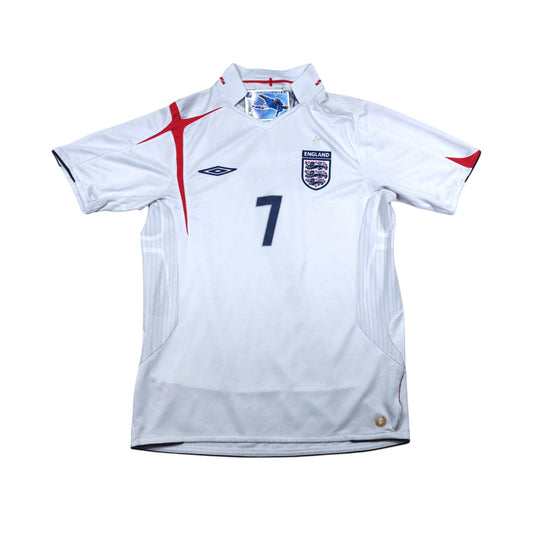 Front view of white England home shirt with red St George's cross design and number 7