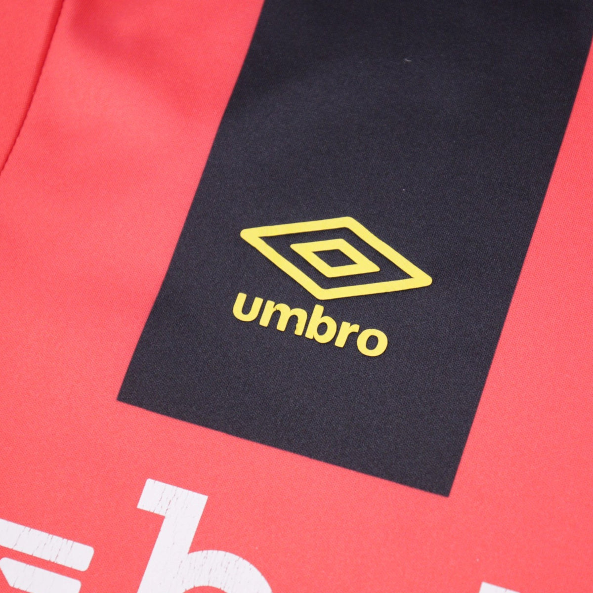Close-up of the Umbro logo on the black panel of the shirt