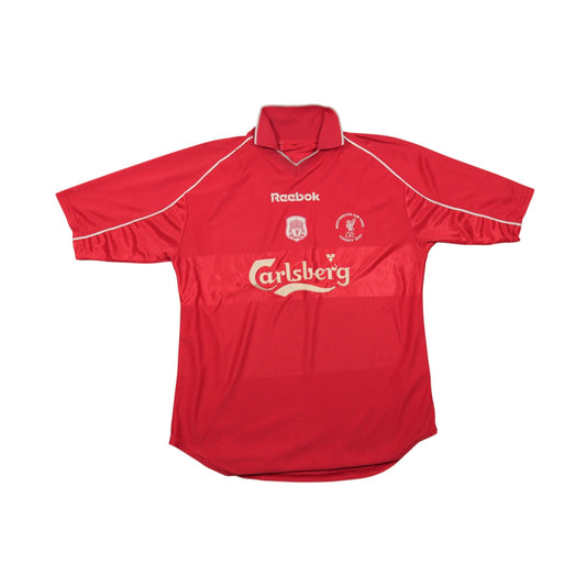 Liverpool 2000-01 home shirt front with Reebok logo, Carlsberg sponsor and Worthington Cup Final Cardiff 2001 badge