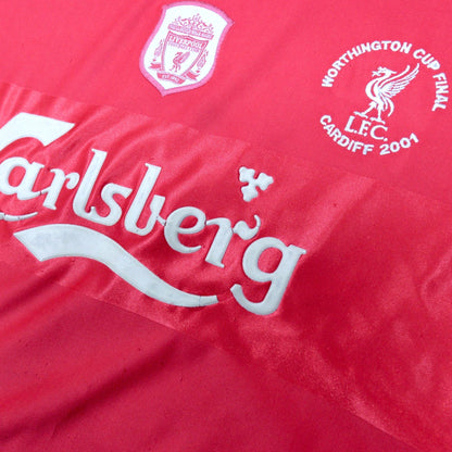 Close-up of Carlsberg sponsor print and Worthington Cup Final Cardiff 2001 badge on Liverpool shirt