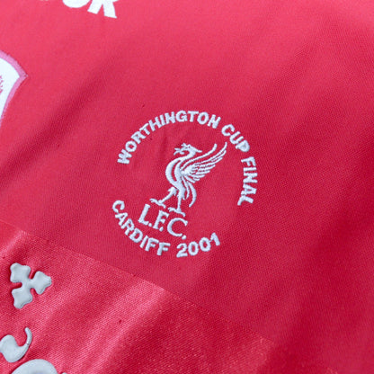 Close-up of embroidered Worthington Cup Final Cardiff 2001 badge on Liverpool shirt