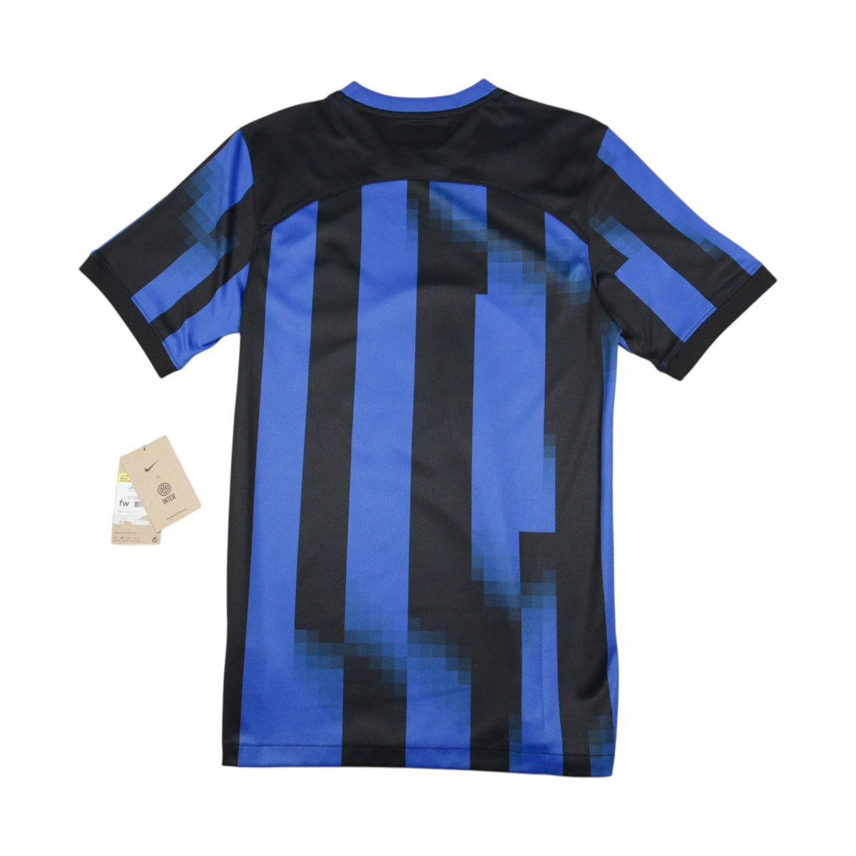 Back of Inter Milan 2023/24 Nike home shirt showing blue and black stripes