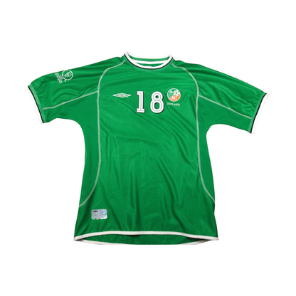 Front of green Republic of Ireland 2002 World Cup home shirt with number 18 and FAI crest