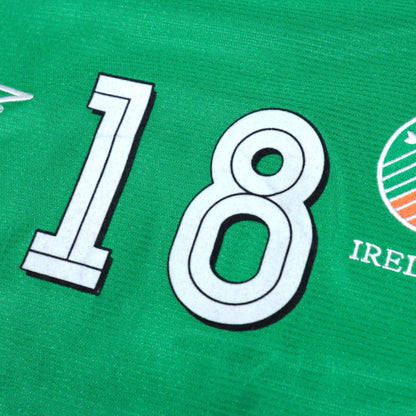 Close-up of number 18 printing beside the FAI Ireland crest