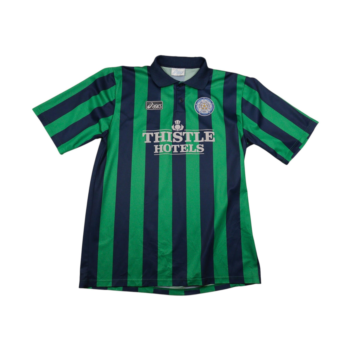Leeds United third shirt front, green and navy stripes with Thistle Hotels sponsor