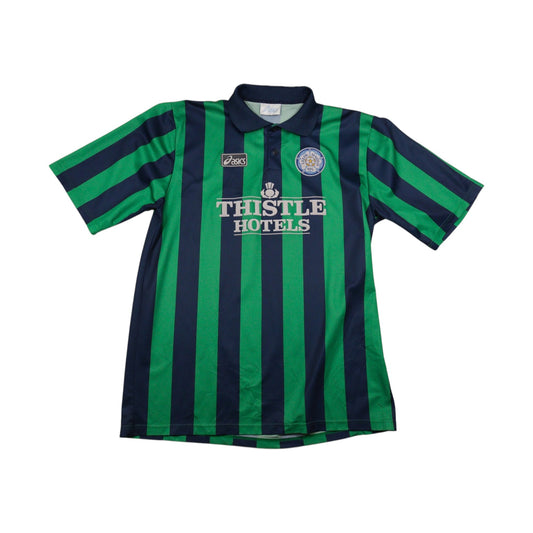 Leeds United third shirt front, green and navy stripes with Thistle Hotels sponsor