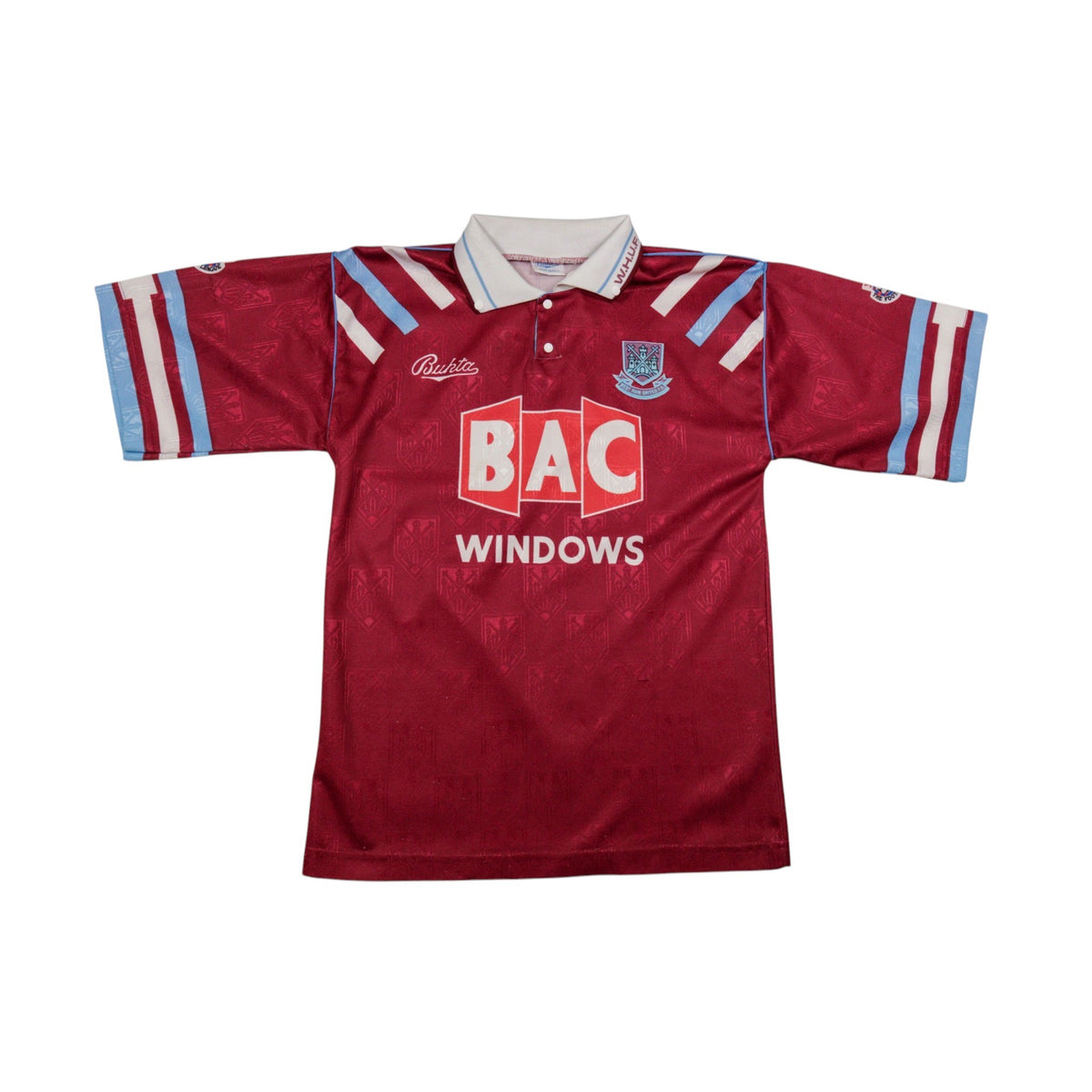 West Ham United 1991/92 home shirt front view with BAC Windows sponsor and crest