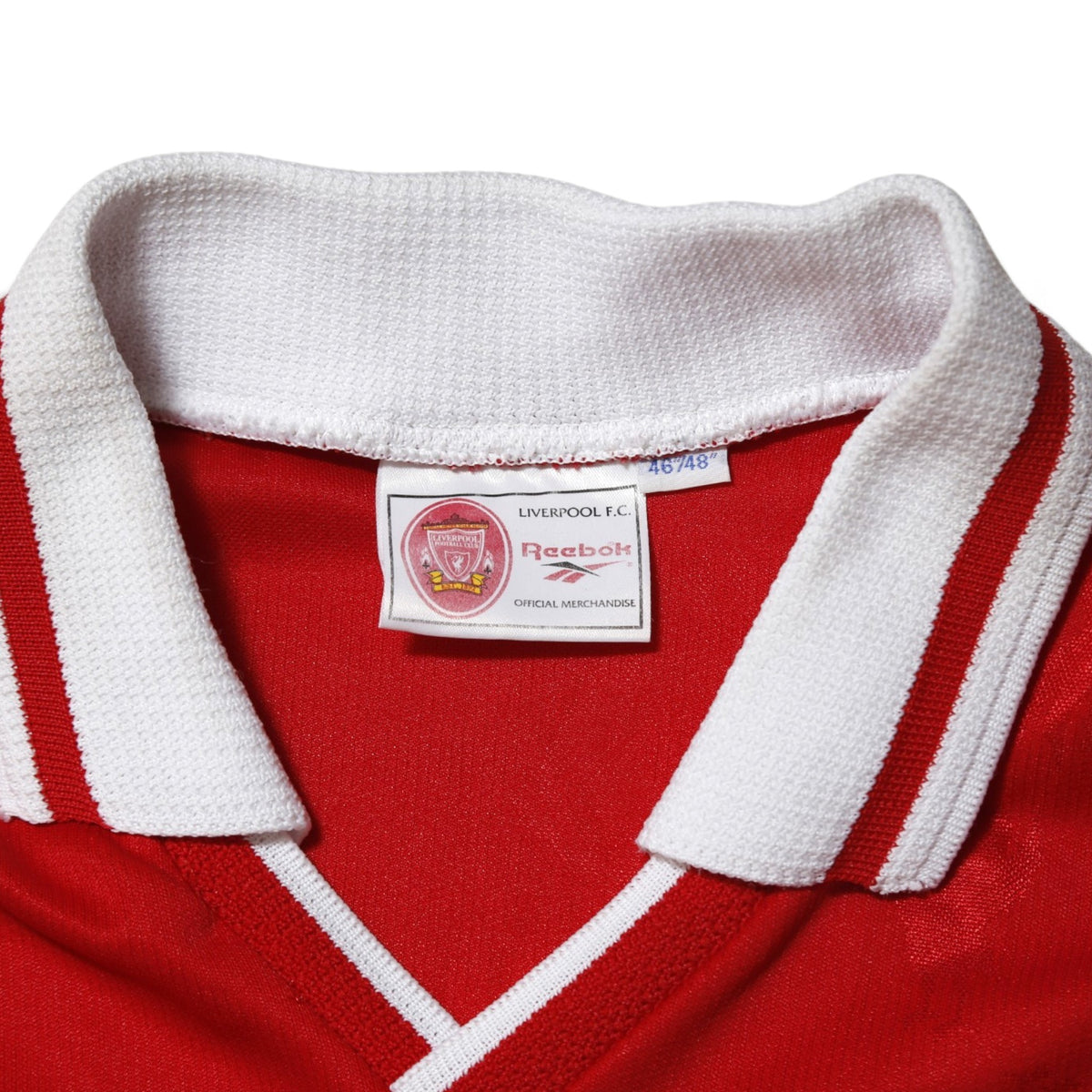 Liverpool 1996/97 home shirt collar and neck label detail showing Reebok and size 46/48"