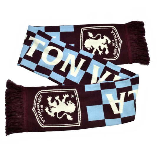 Forever Vintage Aston Villa football scarf in sky blue and claret checkered pattern with team crest and text