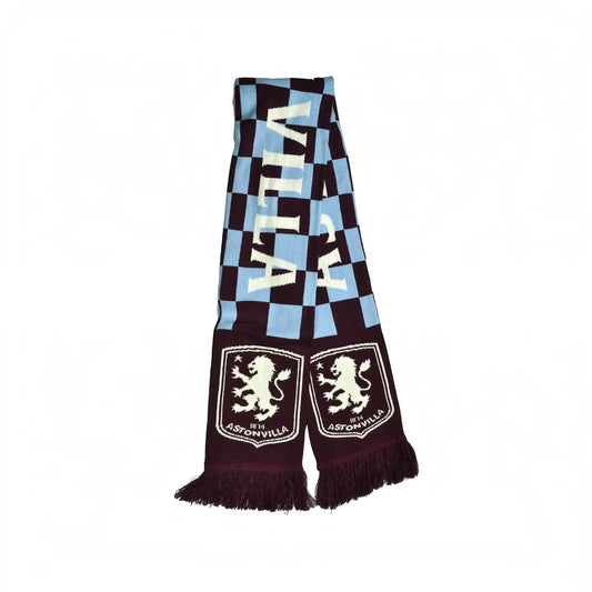 Forever Vintage Aston Villa football scarf in sky blue and claret check pattern with team crest and fringe detail