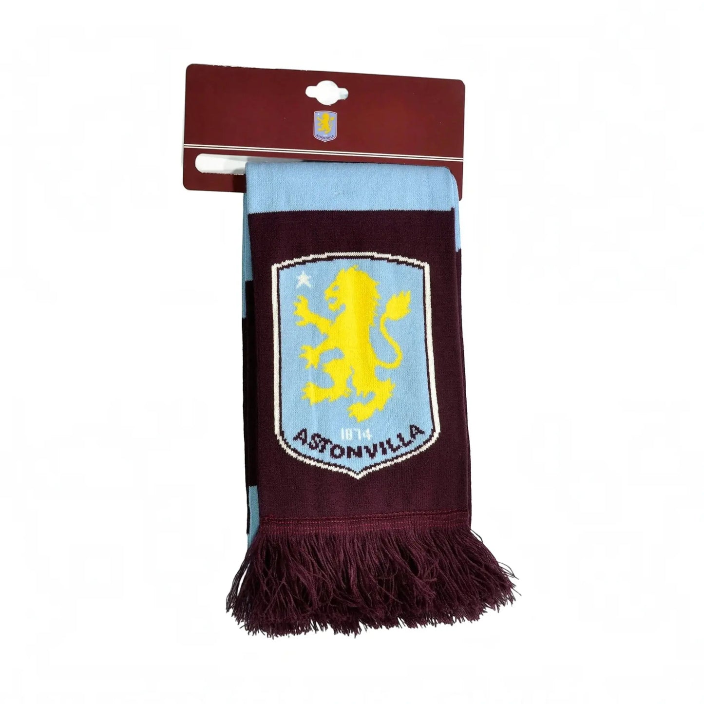 Forever Vintage Aston Villa football scarf in sky blue and claret with a yellow lion crest and fringed ends