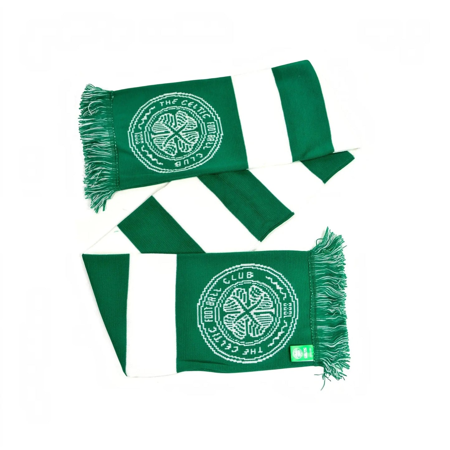 Forever Vintage green and white Celtic Football Club jacquard scarf with fringed ends on a white background