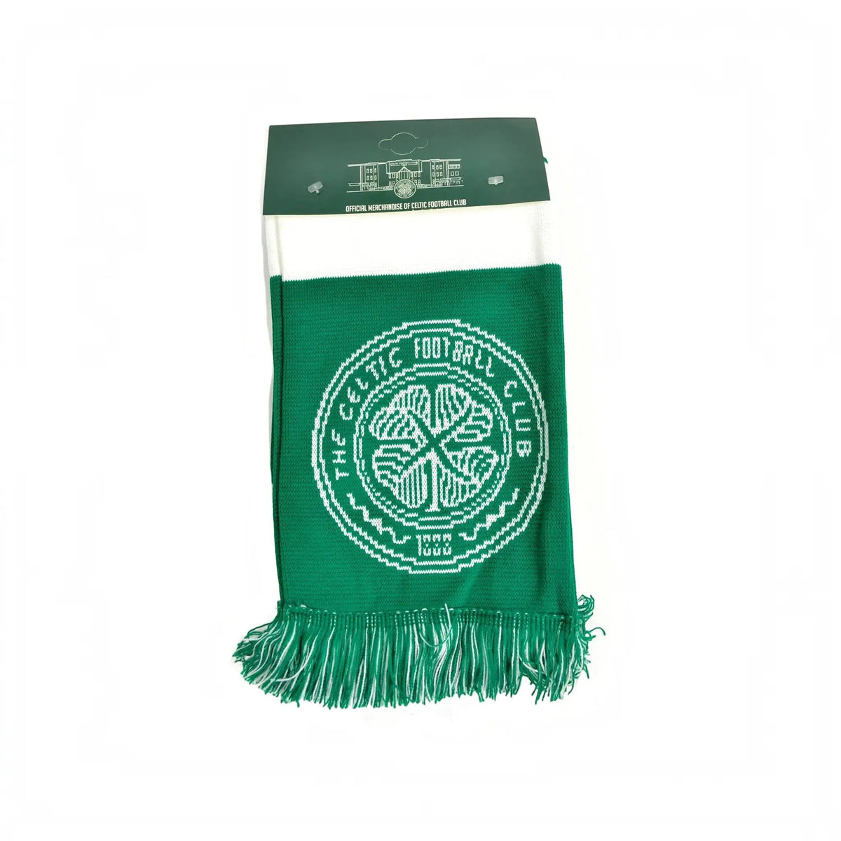 Forever Vintage Celtic Football Club jacquard scarf in green and white with team crest and fringed ends