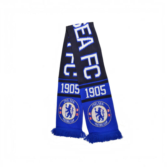 Forever Vintage Chelsea FC jacquard scarf in blue and black with 1905 text and club crest details and fringe ends.