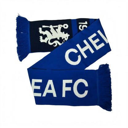 Forever Vintage Chelsea FC Nero scarf in blue and black with white team logo and lettering and fringed ends