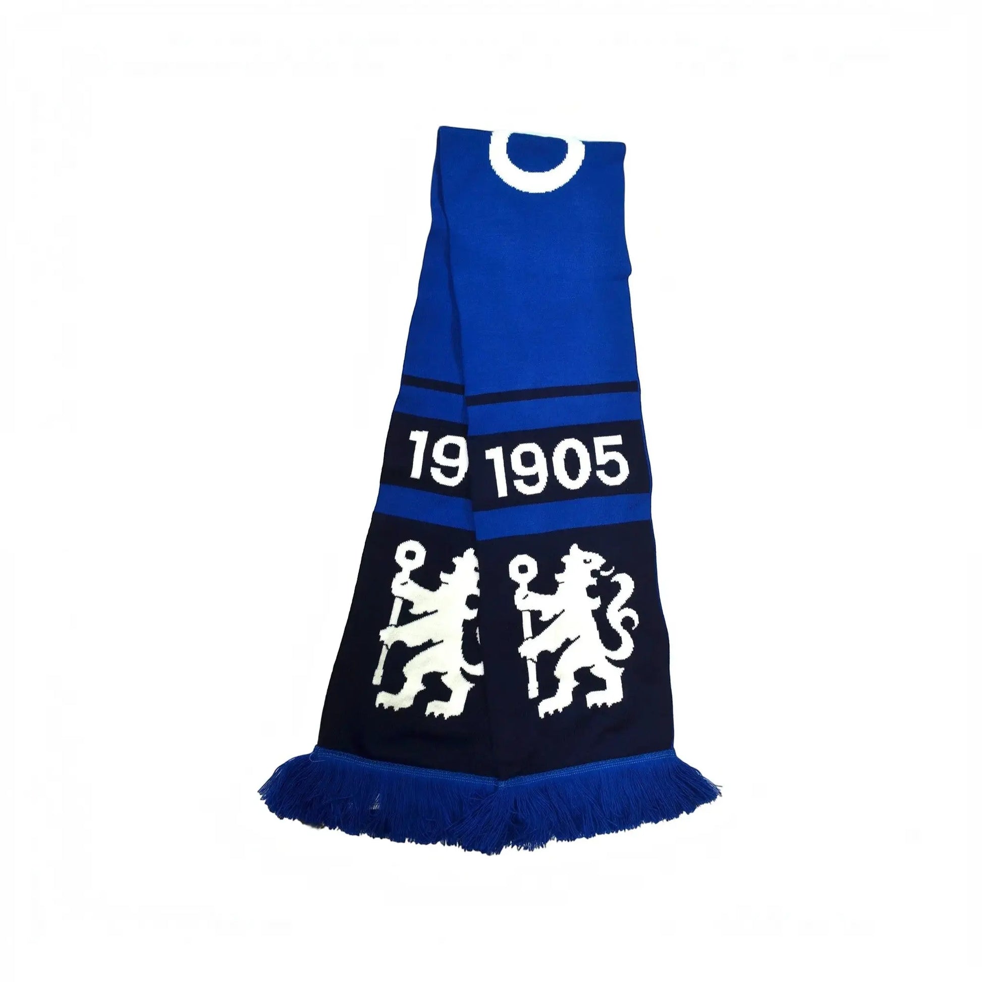Forever Vintage Chelsea FC Nero scarf in blue and navy with white 1905 text and lion crest embroidery