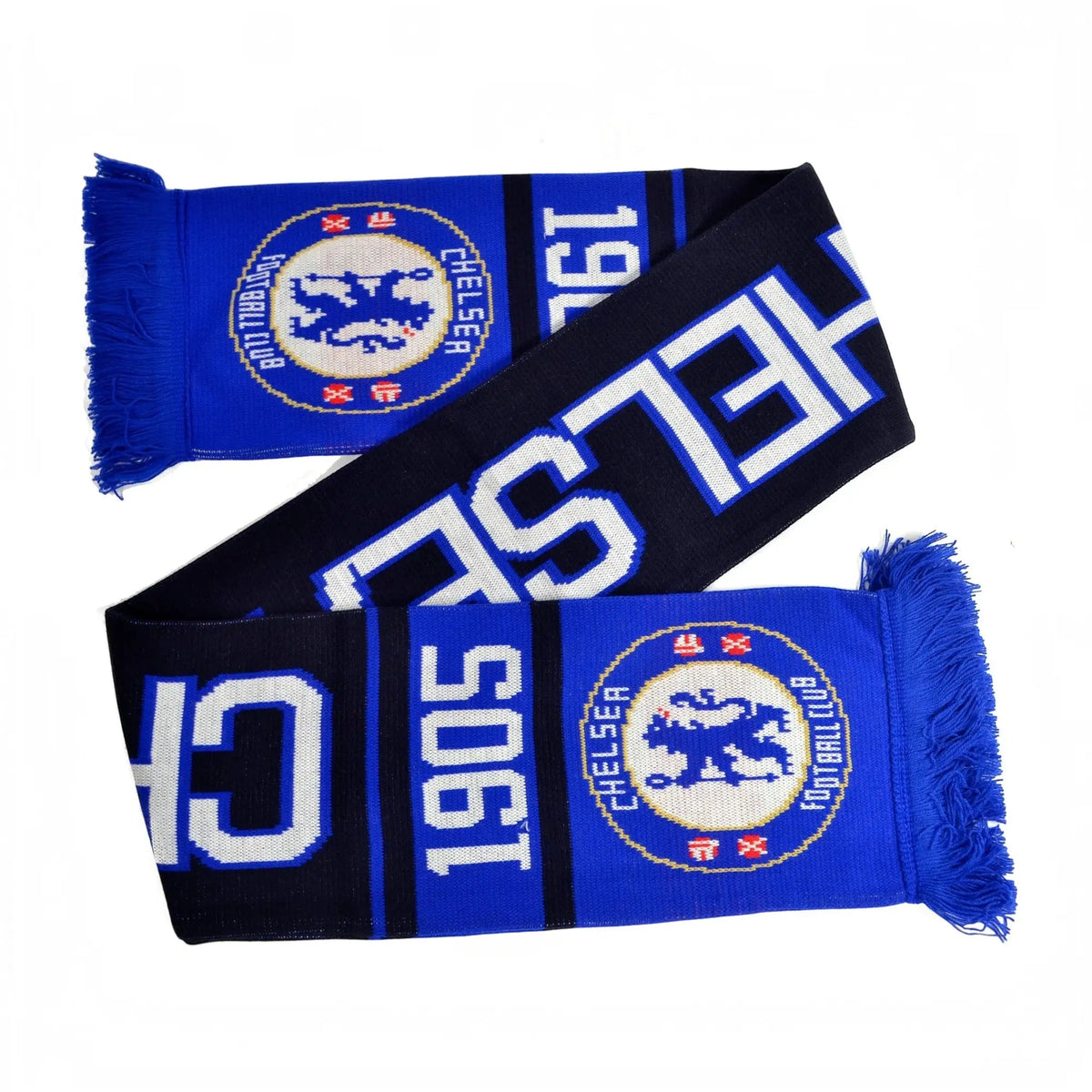 Forever Vintage Chelsea FC jacquard knit scarf in blue and black with team logo and 1905 text detail