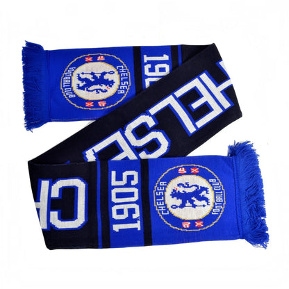 Forever Vintage Chelsea FC jacquard knit scarf in blue and black with team logo and 1905 text detail