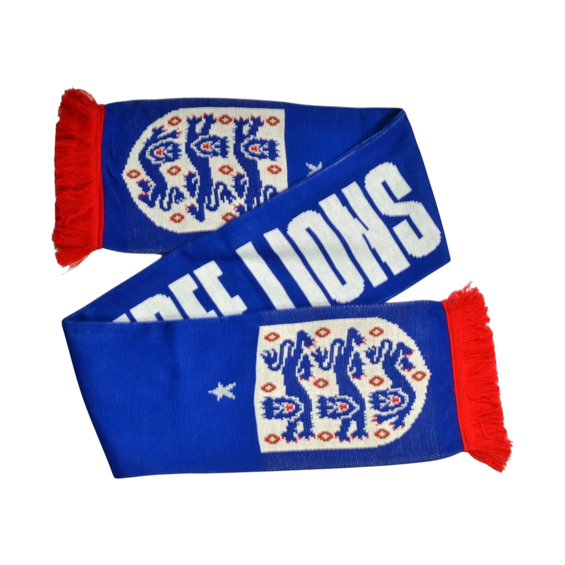 Forever Vintage England FA Three Lions royal blue jacquard knit scarf with red fringe and white team crest details.