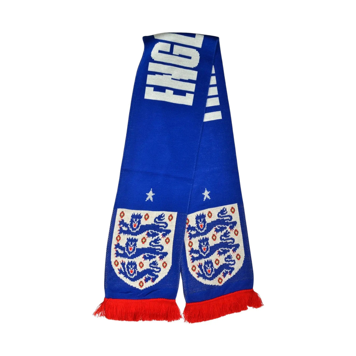 Forever Vintage England FA Three Lions royal blue jacquard knit scarf with white text and red fringe detail
