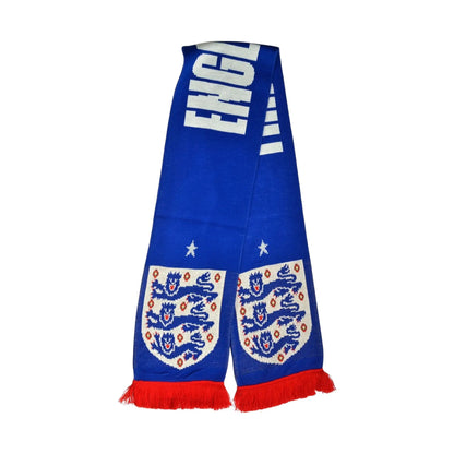 Forever Vintage England FA Three Lions royal blue jacquard knit scarf with white text and red fringe detail