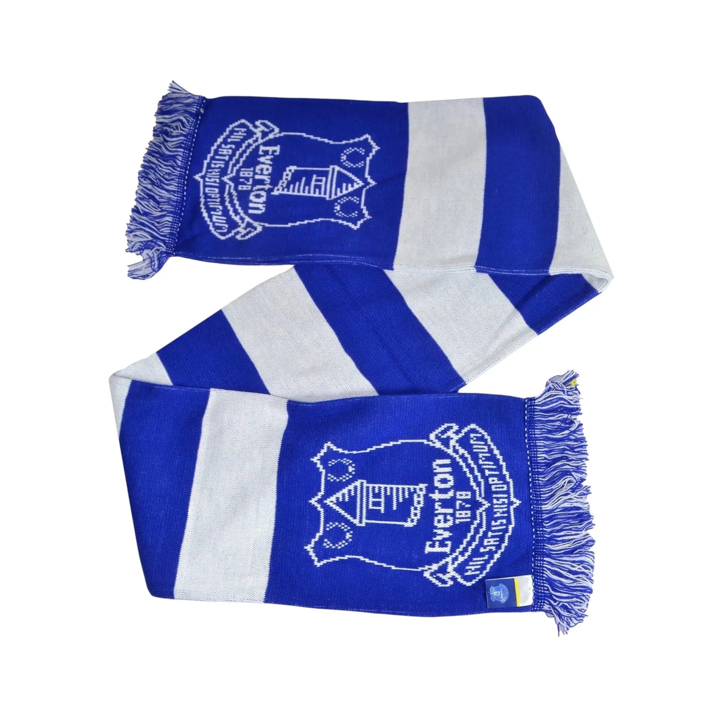 Forever Vintage Everton bar scarf in blue and white stripes with team crest and fringed ends