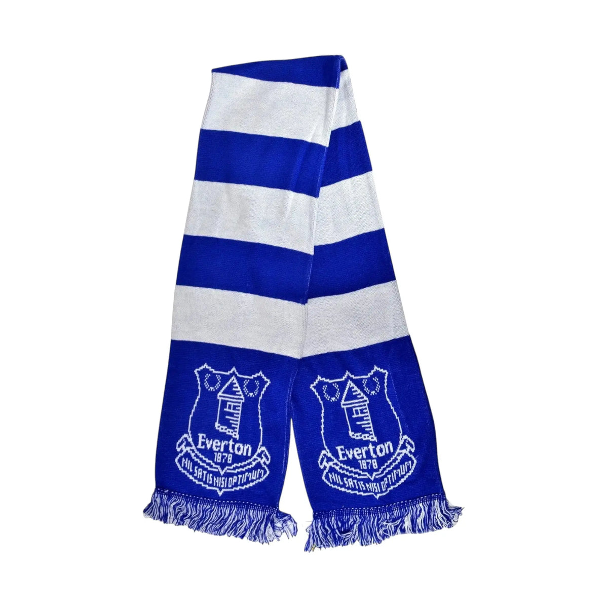Forever Vintage blue and white striped Everton bar scarf with embroidered club crest and fringed ends