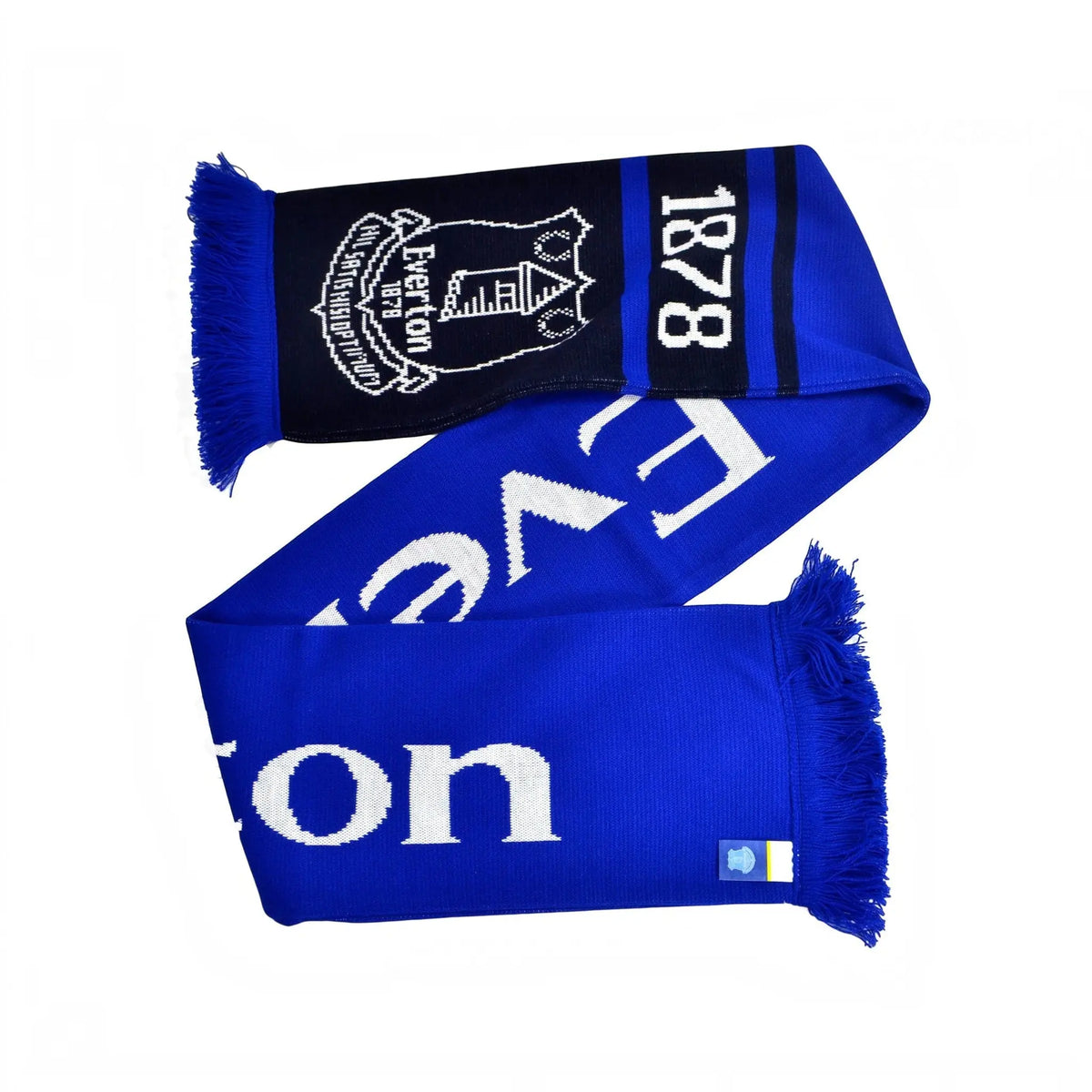 Forever Vintage Everton Jacquard Nero scarf in blue and black with white team crest and 1878 text and fringed ends