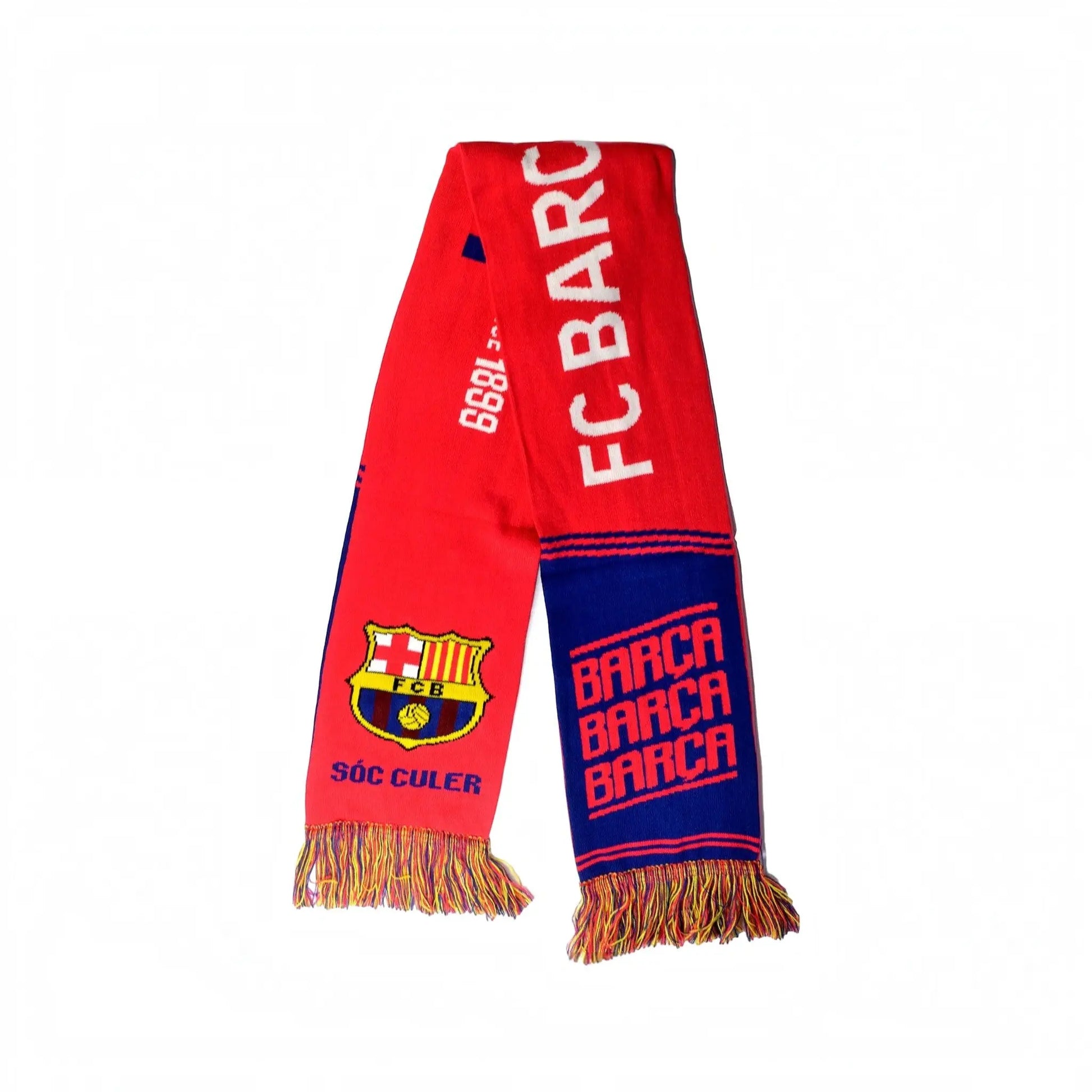 Forever Vintage FC Barcelona soccer scarf in red and blue with FCB crest and Barca Barca Barca text