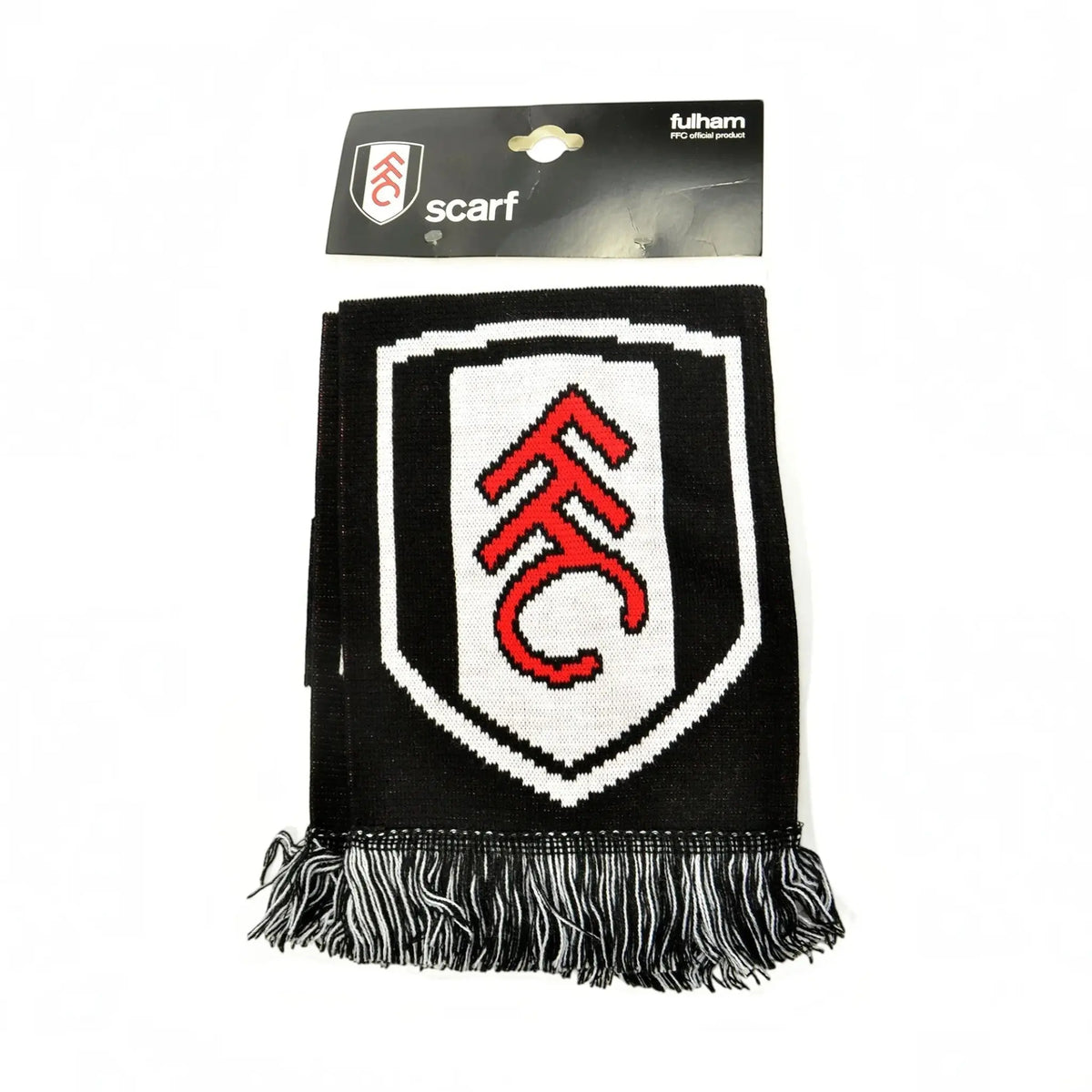 Forever Vintage Fulham FC bar scarf in black and white with a red club crest and fringed ends