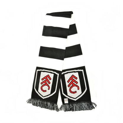 Forever Vintage Fulham FC bar scarf featuring black and white horizontal stripes and embroidered team crests.