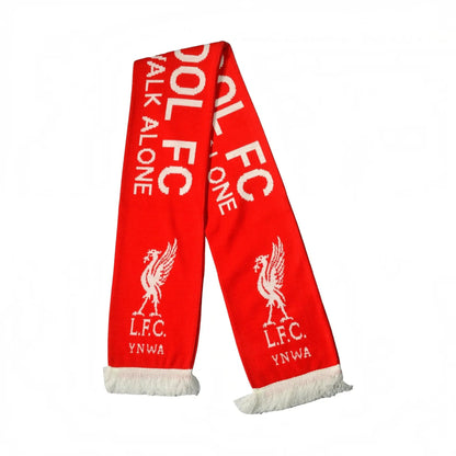 Forever Vintage Liverpool FC knit scarf in red and white featuring the YNWA slogan and Liver bird crest.