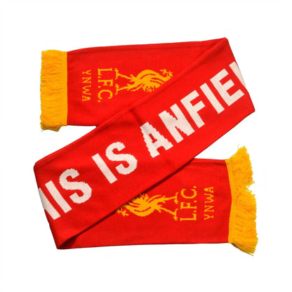 Forever Vintage Liverpool FC knit scarf in red with gold Liverbird logo and white This Is Anfield text