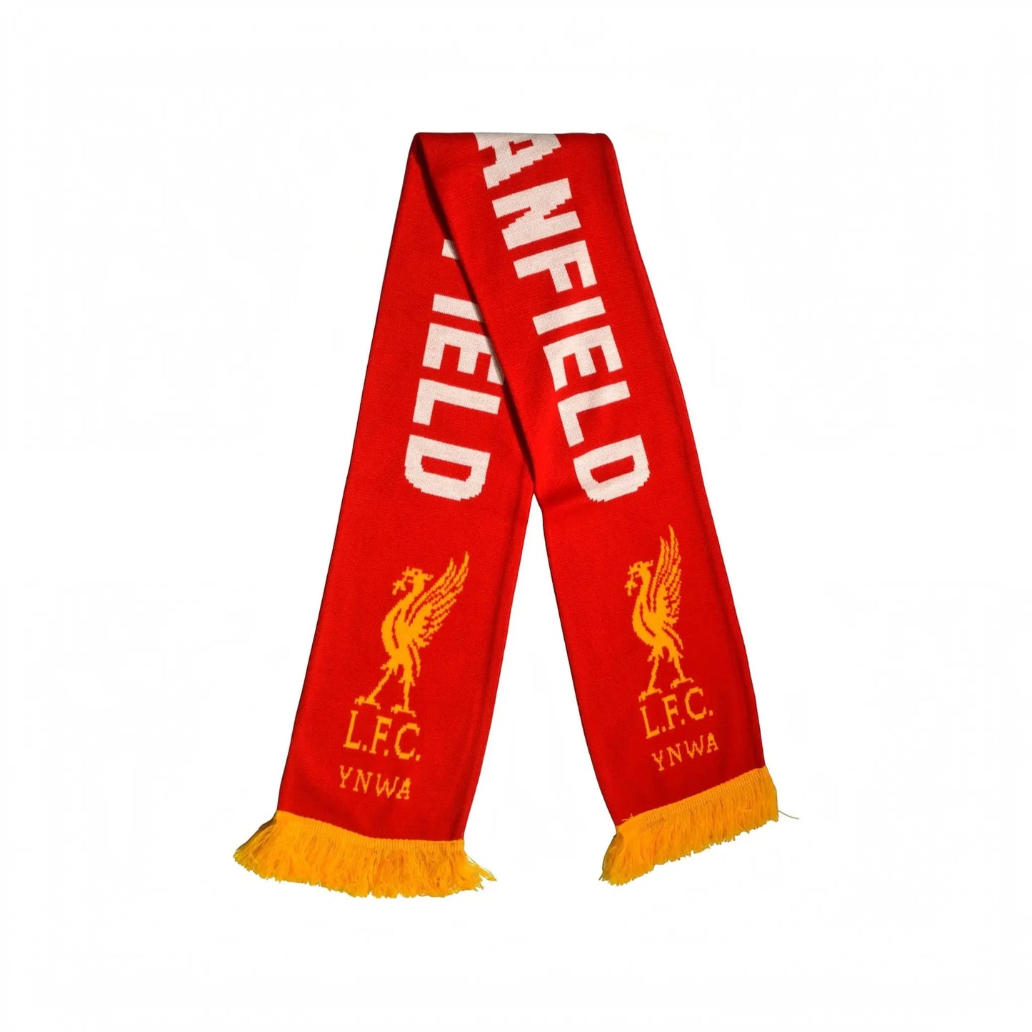 Forever Vintage Liverpool FC knit scarf in red with gold Liverbird logo, white Anfield text, and gold fringe ends.