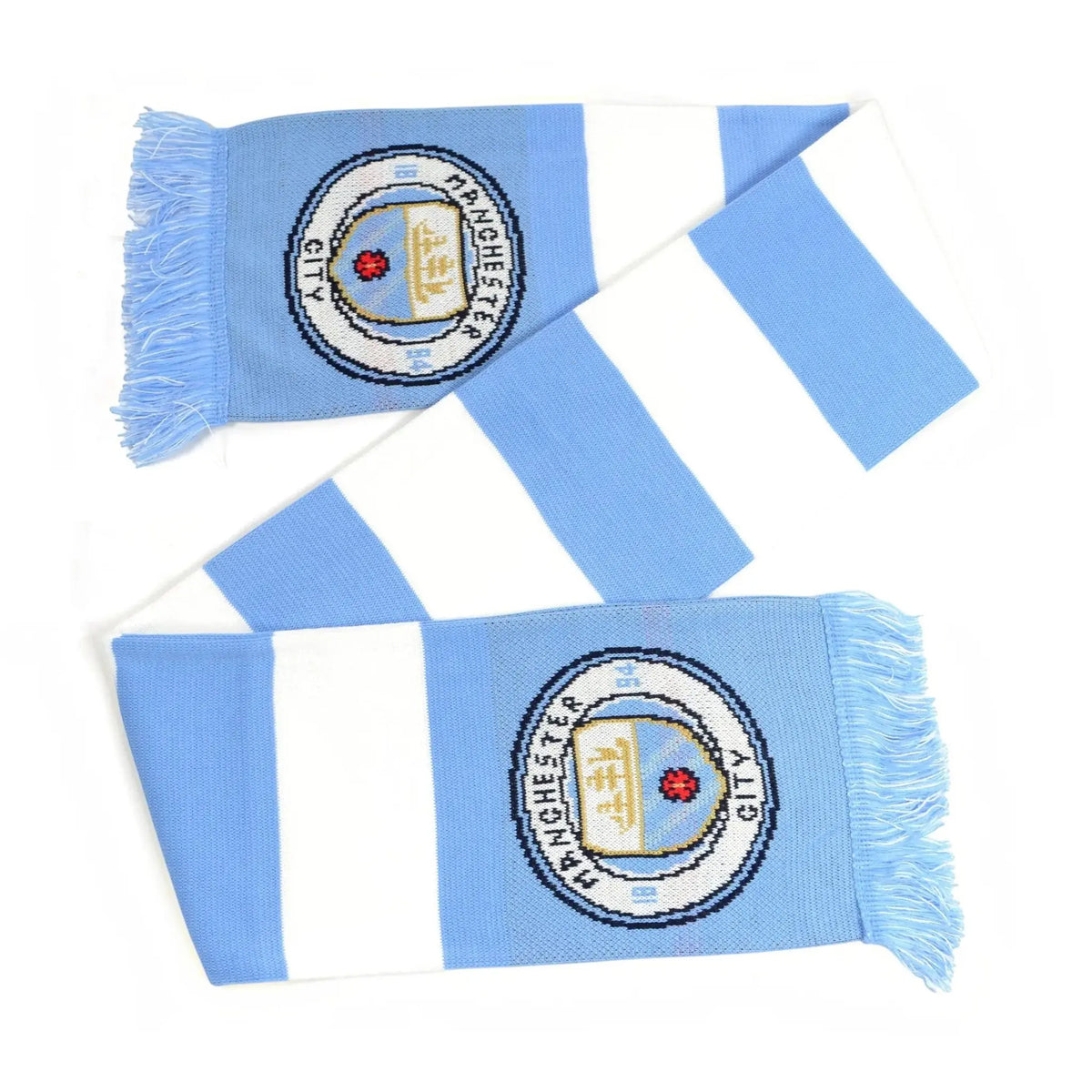 Forever Vintage Manchester City bar scarf in sky blue and white stripes with embroidered club crest and fringed ends.