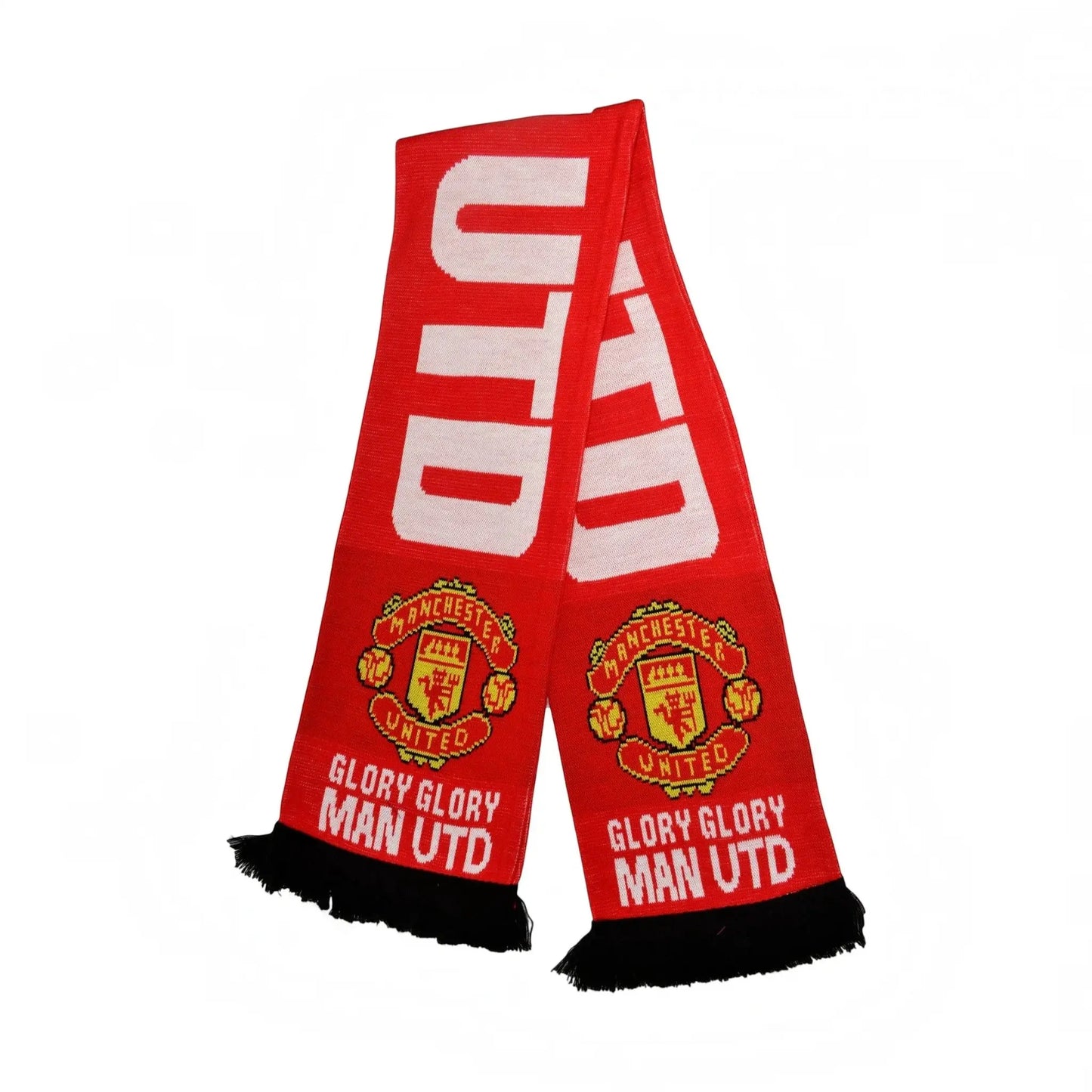 Forever Vintage red and white Manchester United Glory Glory Man UTD football scarf with black fringe tassels