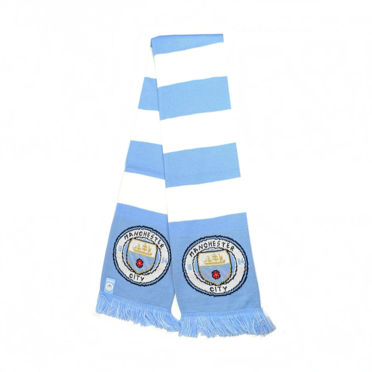 Forever Vintage Manchester City football bar scarf in sky blue and white with embroidered club crest and fringe ends