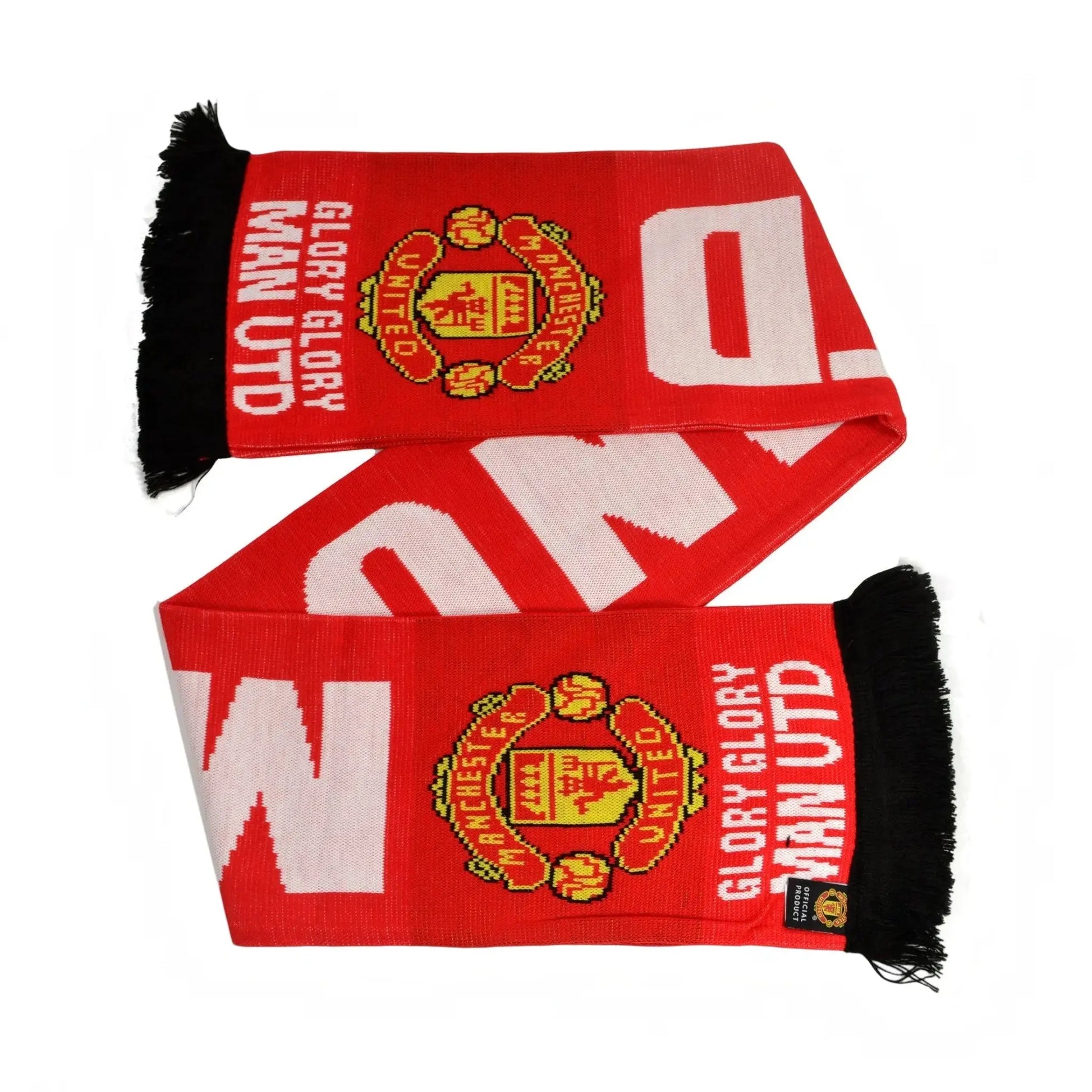 Forever Vintage Manchester United Glory Glory red and white football scarf with team crest and black fringe ends