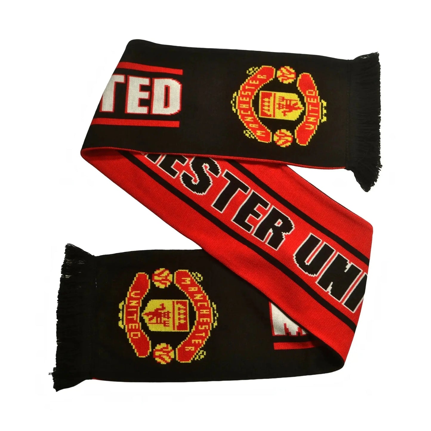 Forever Vintage Manchester United jacquard knit scarf in black and red with team crest and lettering