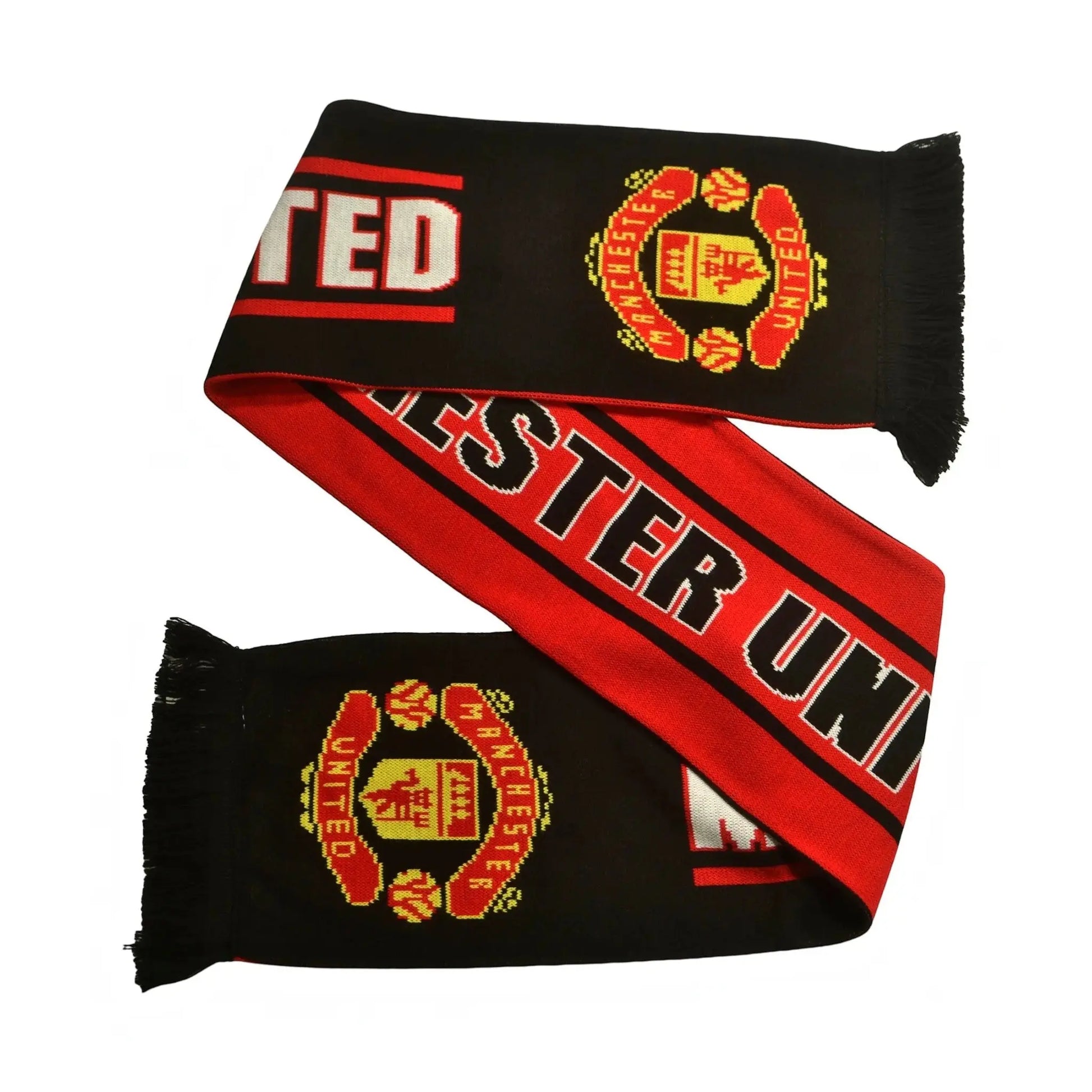 Forever Vintage Manchester United jacquard knit scarf in black and red with team crest and lettering