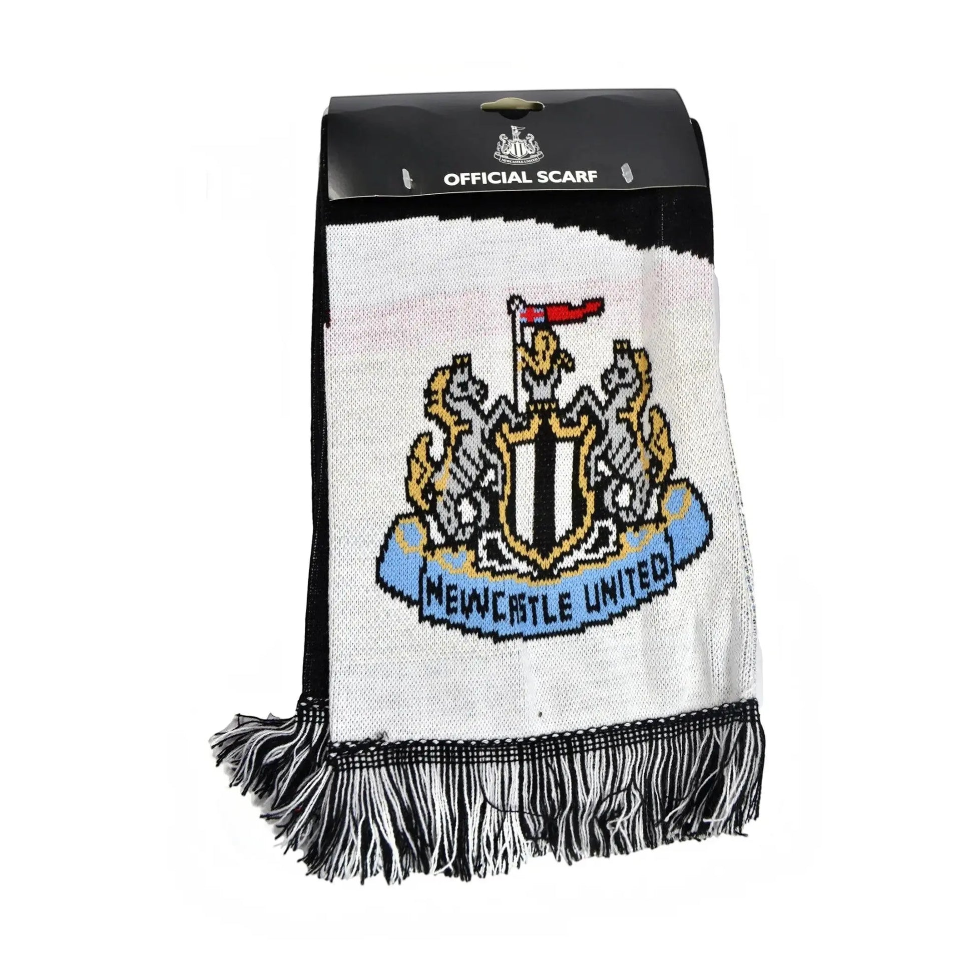 Forever Vintage Newcastle United diagonal football scarf in black and white with official club crest and fringe ends.