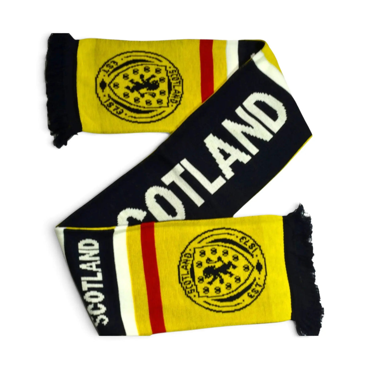 Forever Vintage Scotland FA retro football scarf in yellow, navy, and red with team crest and text