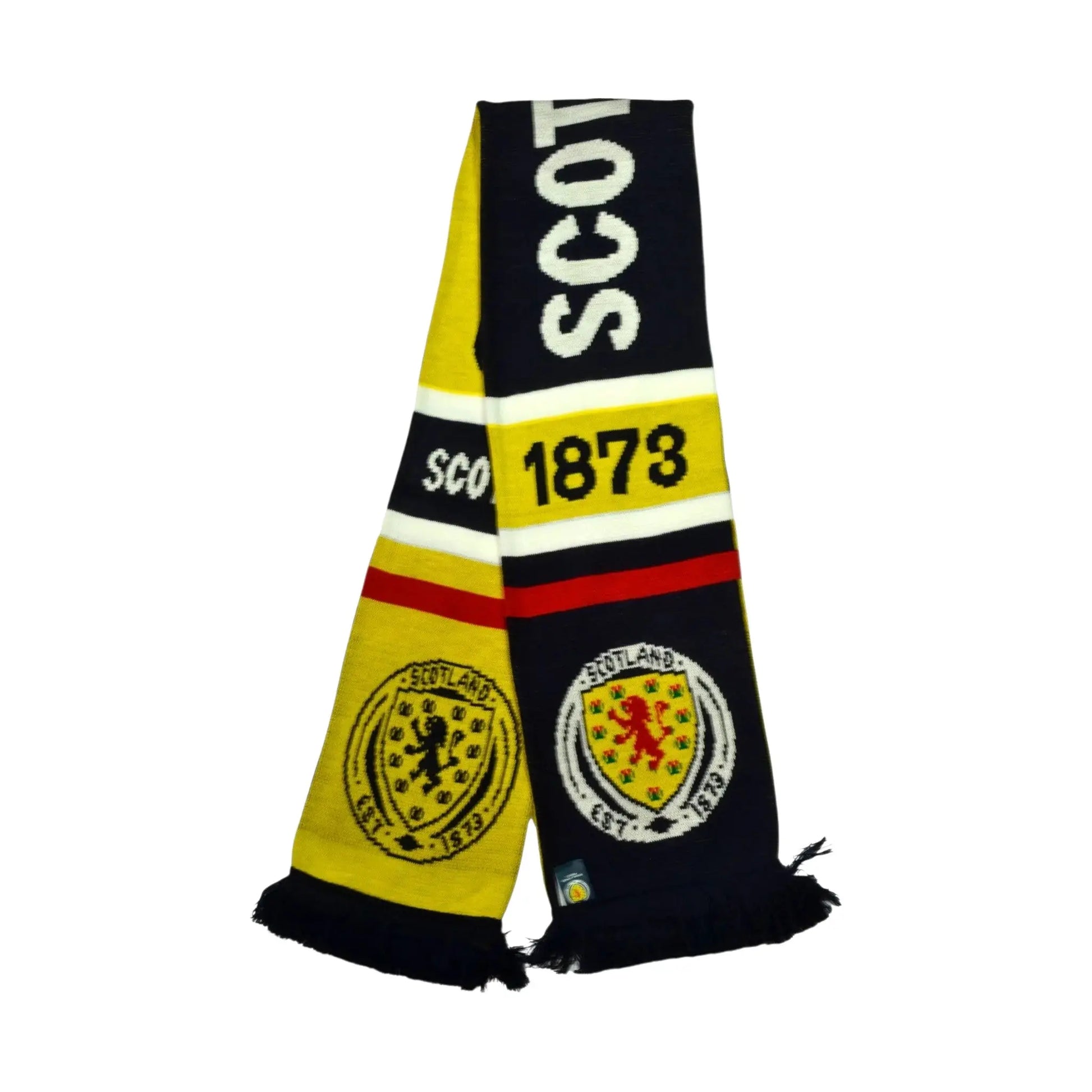 Forever Vintage official Scotland FA retro football scarf in navy, yellow, and red with team crest and 1873 detailing.