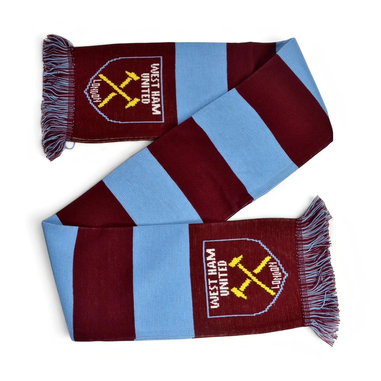 Forever Vintage West Ham United jacquard bar scarf in claret and sky blue with team crest and fringed ends
