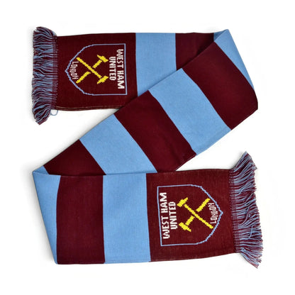 Forever Vintage West Ham United jacquard bar scarf in claret and sky blue with team crest and fringed ends