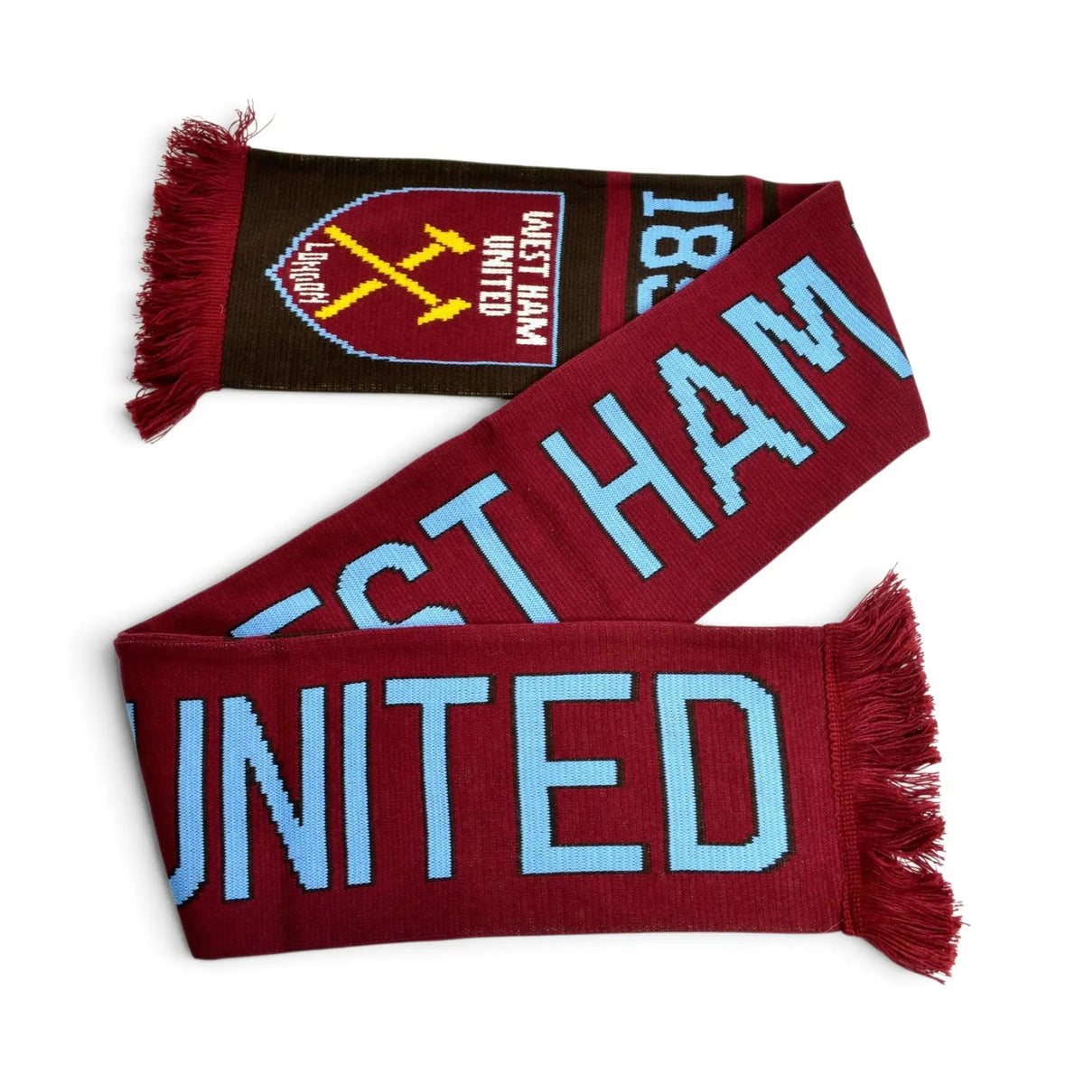 Forever Vintage West Ham United jacquard scarf in claret and blue with team crest and fringed ends