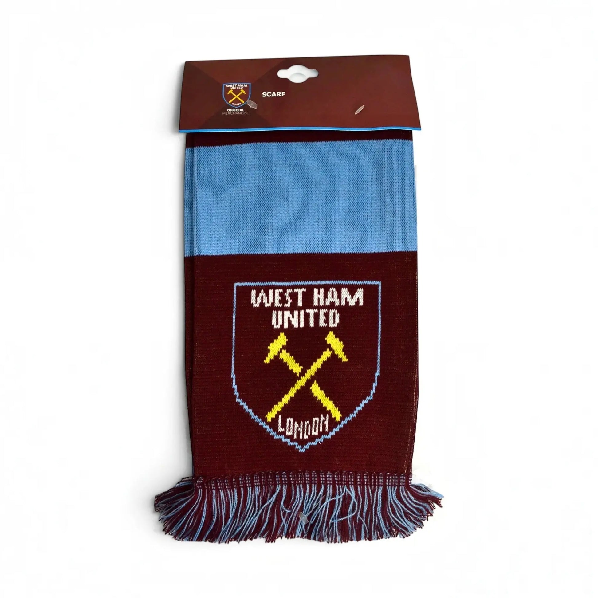 Forever Vintage West Ham United jacquard bar scarf in claret and blue with team crest and fringed ends