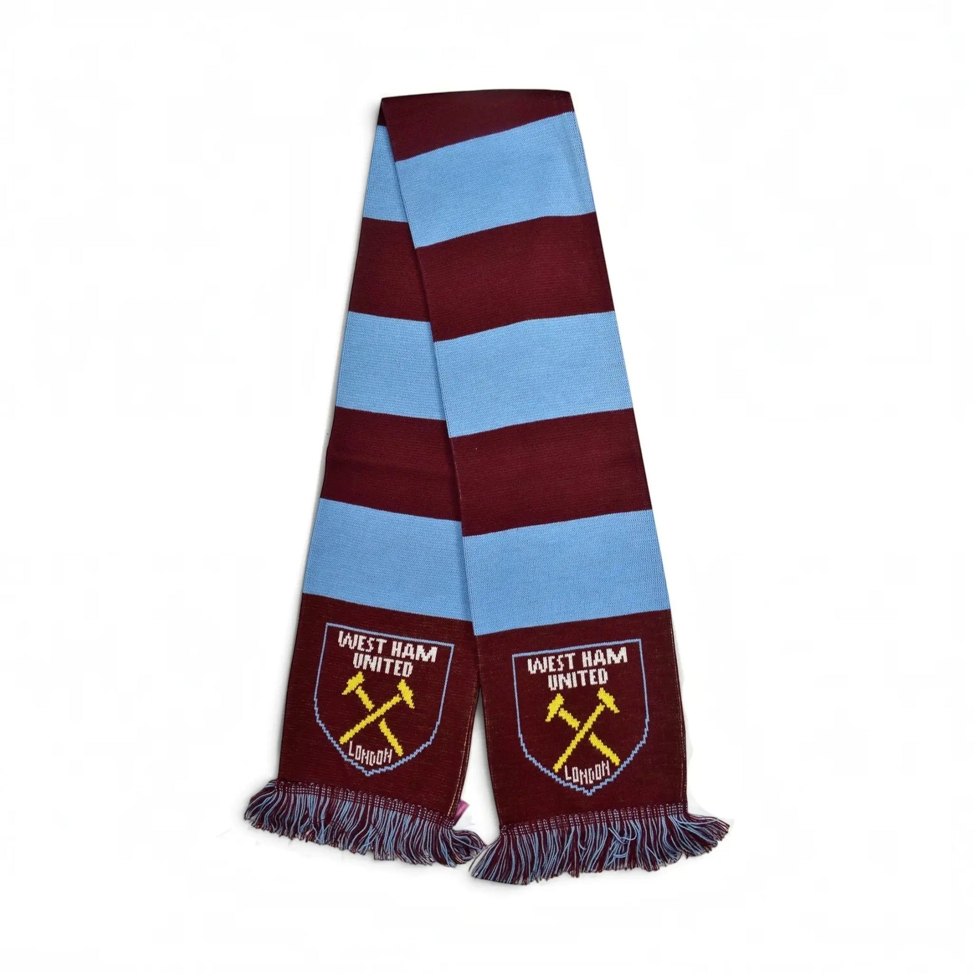 Forever Vintage West Ham United jacquard bar scarf in claret and blue with team crest and fringed ends